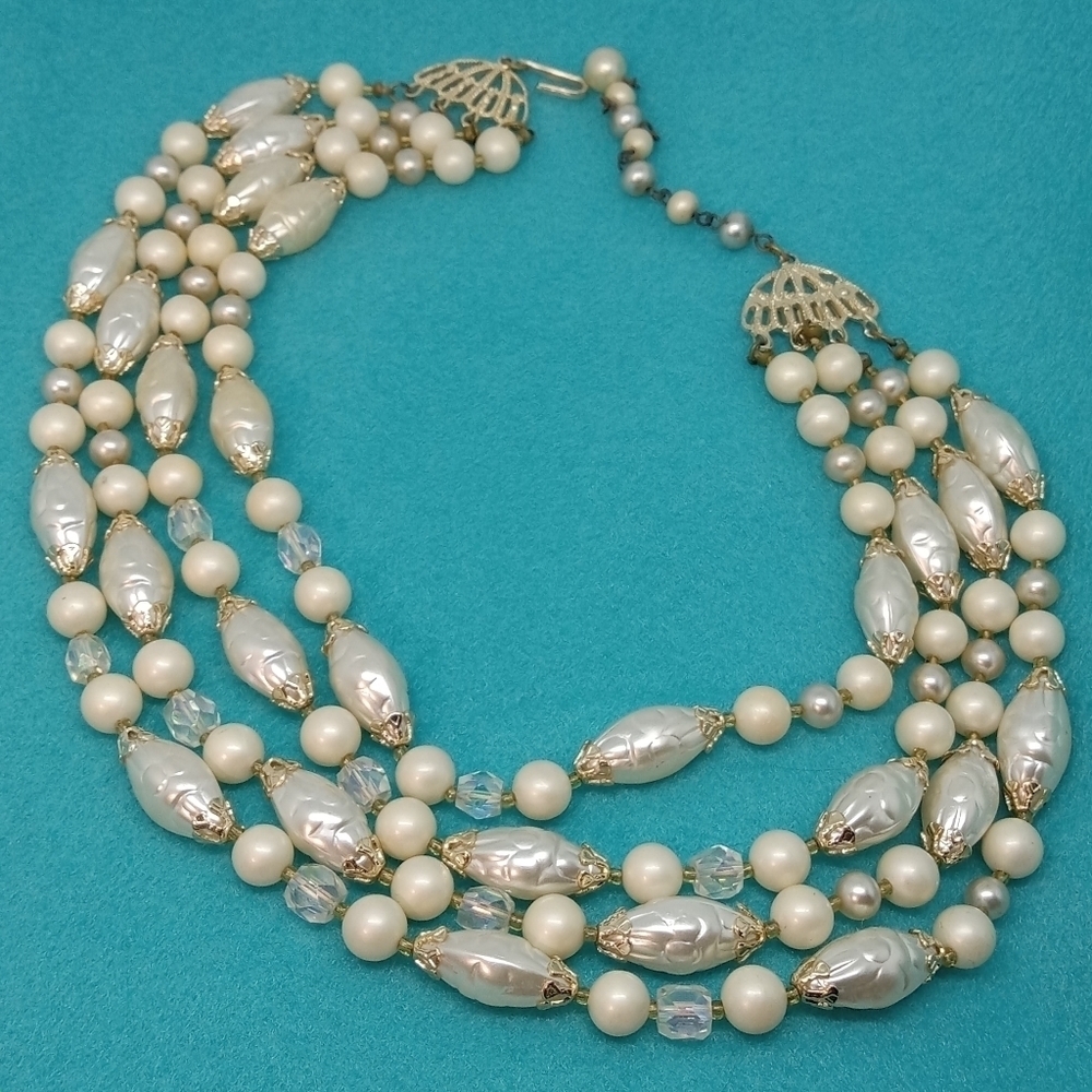 * vintage Japan 4 strand faux pearl & glass bead necklace 16"